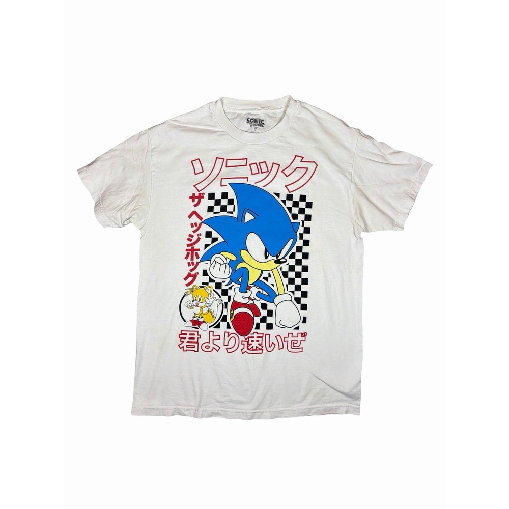 Sonic The Hedgehog Mens L White Japanese Kanji Graphic T Shirt Tails SEGA